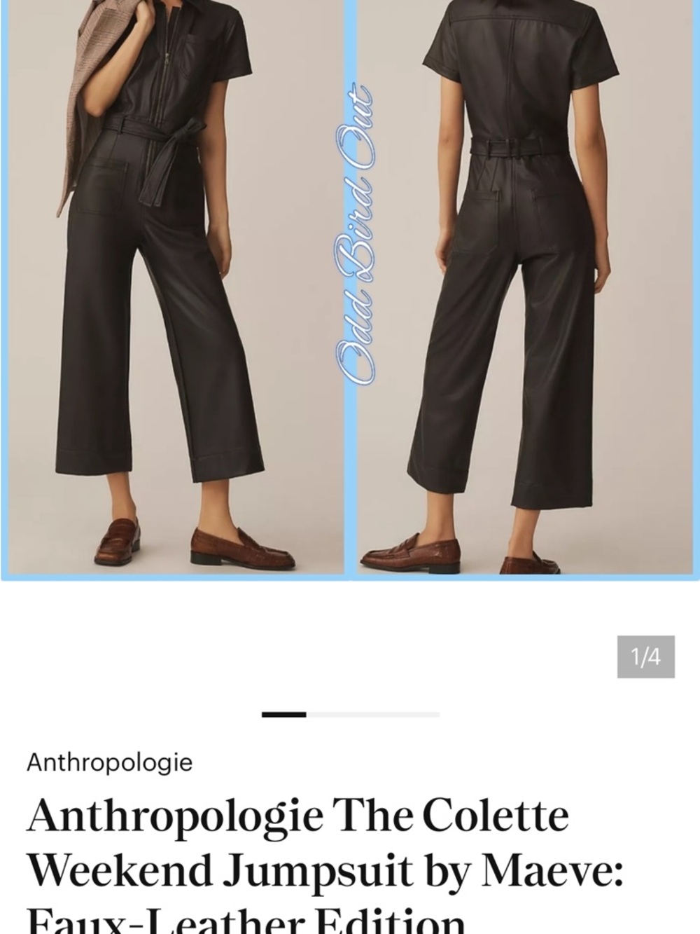 Maeve Black Faux-Leather Short-Sleeve Belted Jumpsuit